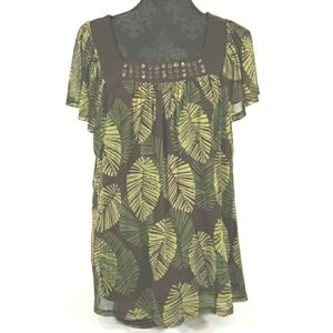 APT 9 WOMEN'S 1X BLOUSE, COLORS ARE GREEN AND BROWN, SOFT